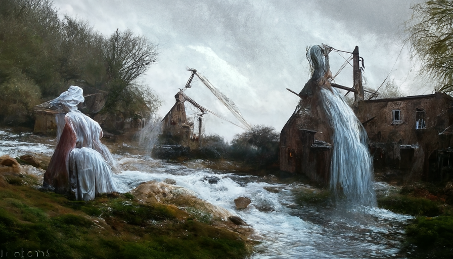 Imagen generada con Jax Clip donde se muestra un río y unas casas antiguas.
